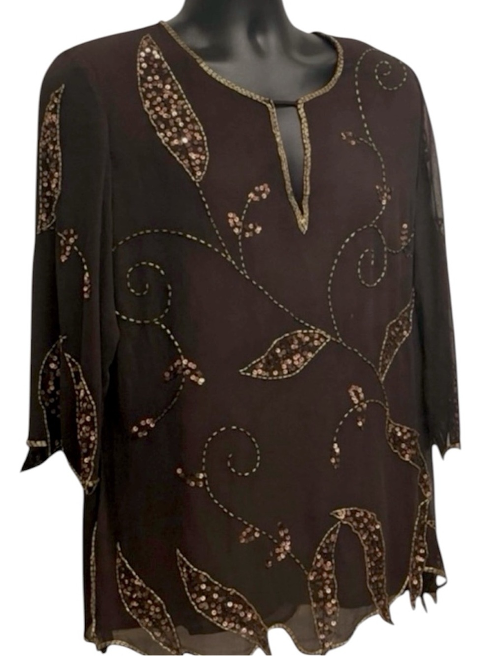 Original Anthony Bronze Gold Beaded Sequin Chiffon Poncho Tunic Blouse L